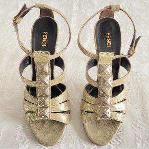 Fendi Gold Iridescent Leather Silver Studded Ankle Strap Sandals